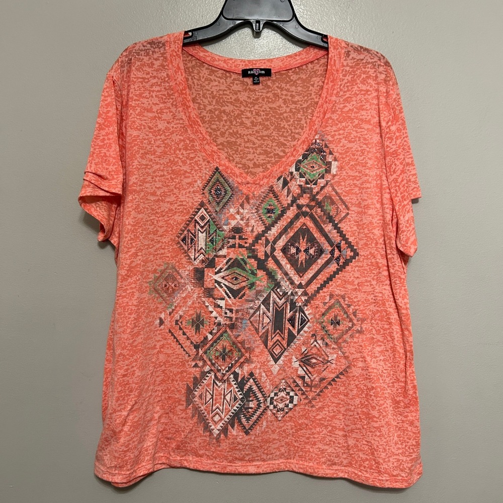 Ransom T-Shirt Women 3X Coral Pink Burnout Geometric Tribal V-Neck Southwestern